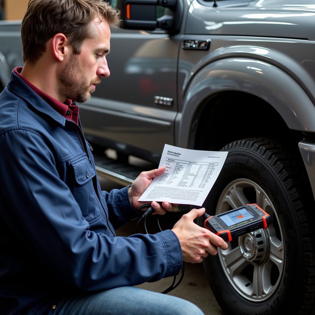 Mechanic troubleshooting a heavy duty diagnostic scan tool.