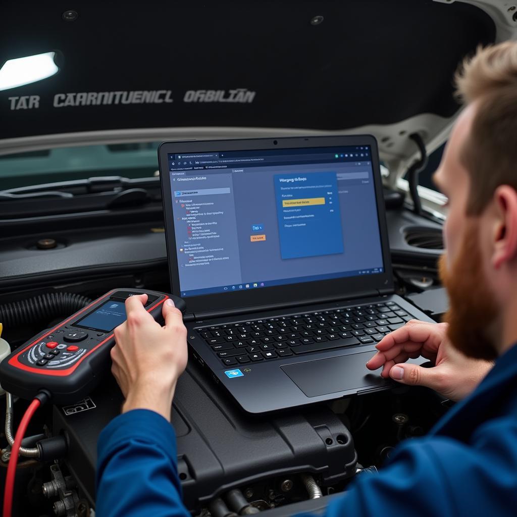 Mechanic Updating Car Diagnostic Tool Software for Optimal Performance