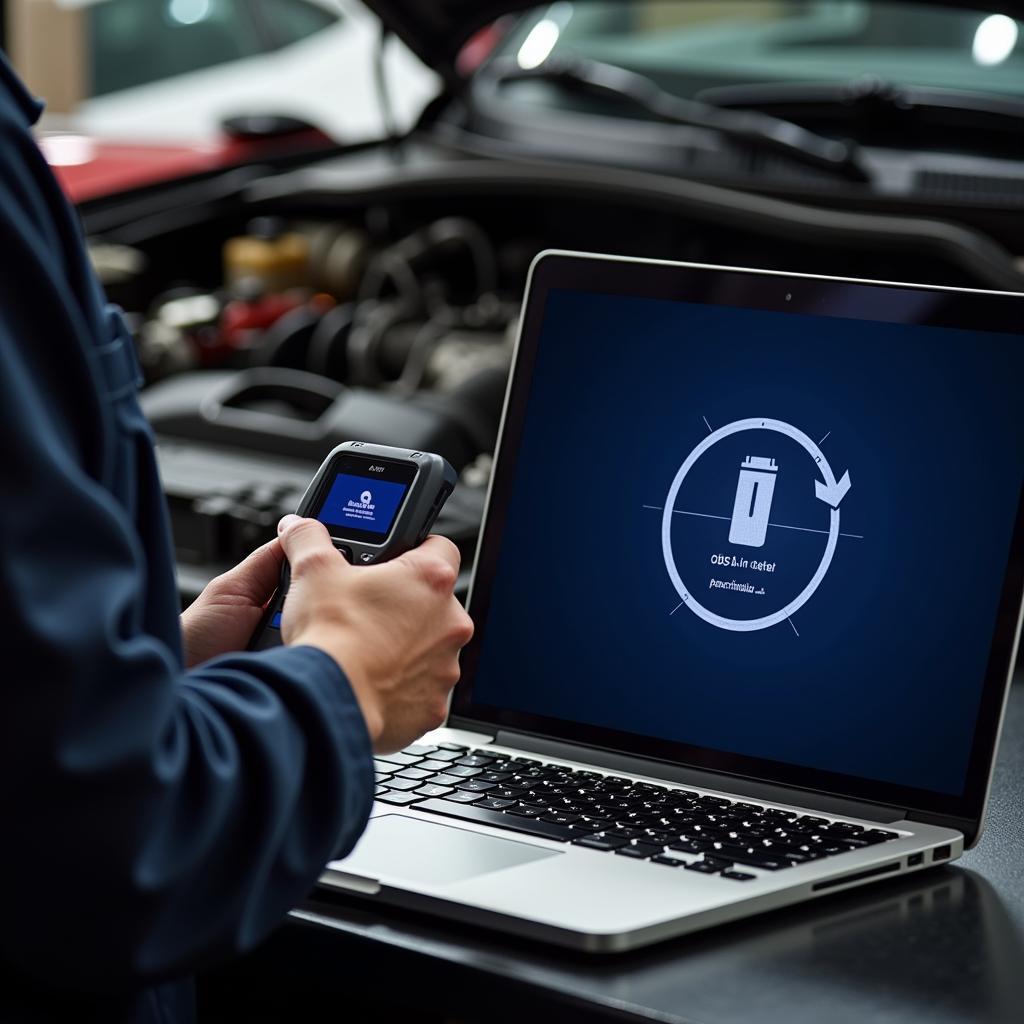 Mechanic Updating Car Diagnostic Software on Laptop