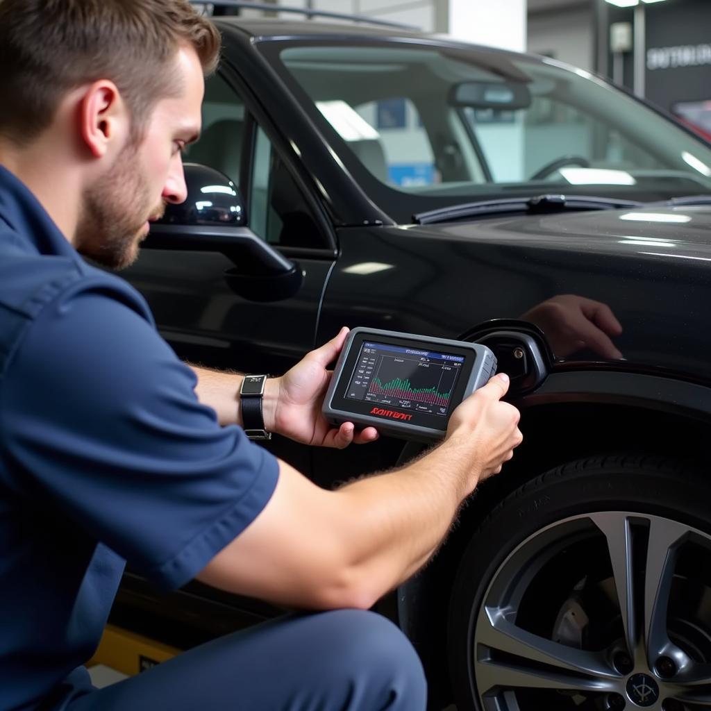 Mechanic Using a Diagnostic Tool on a Car