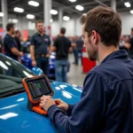 Mechanic Using Advanced Diagnostic Tool at Car Show