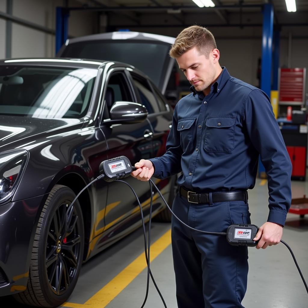 Mechanic Using a BIP Car Tool in a Garage