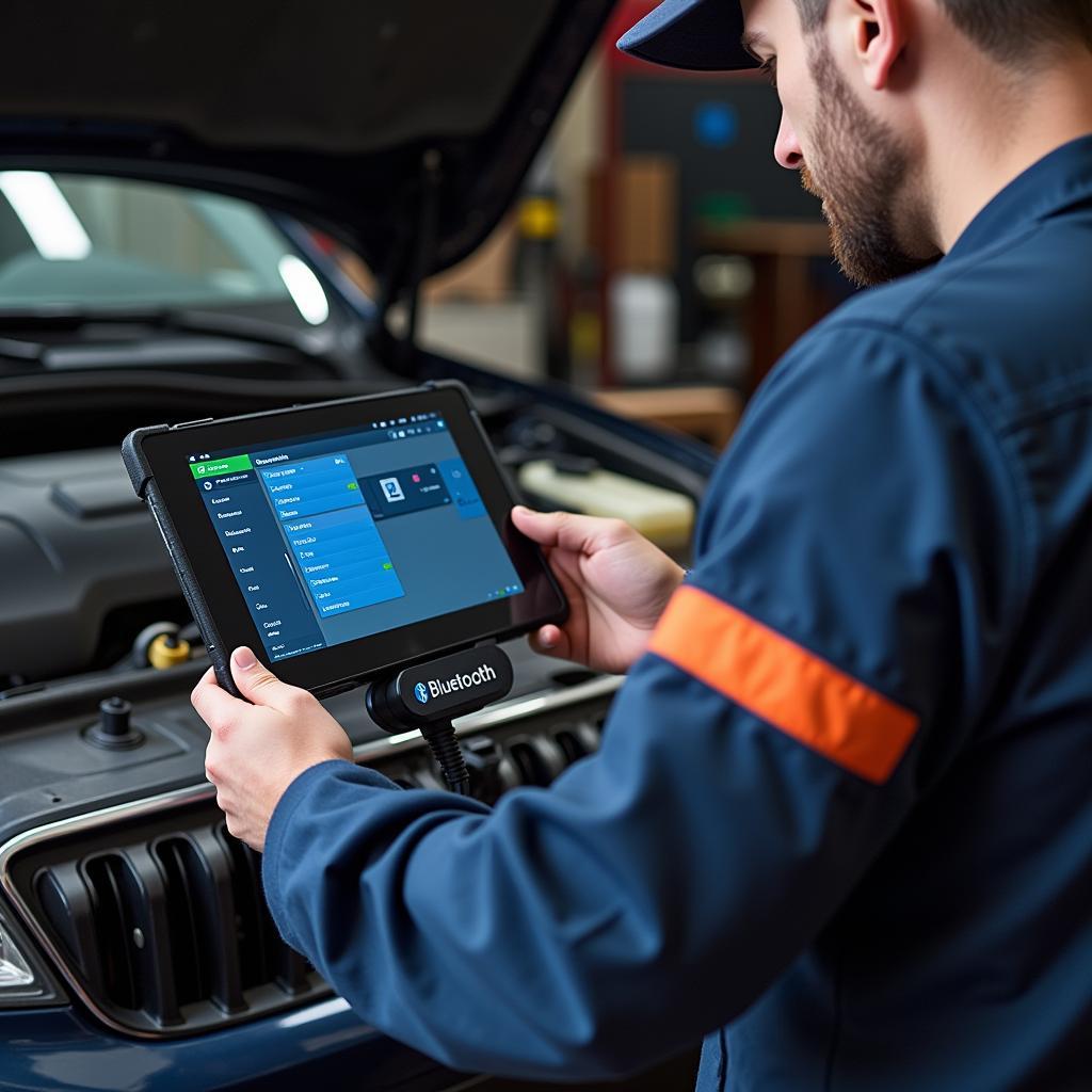 Mechanic using a Bluetooth diagnostic tool and tablet