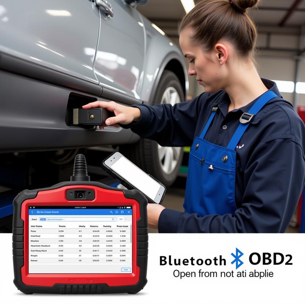 Mechanic using a Bluetooth OBD2 Tool on a Car