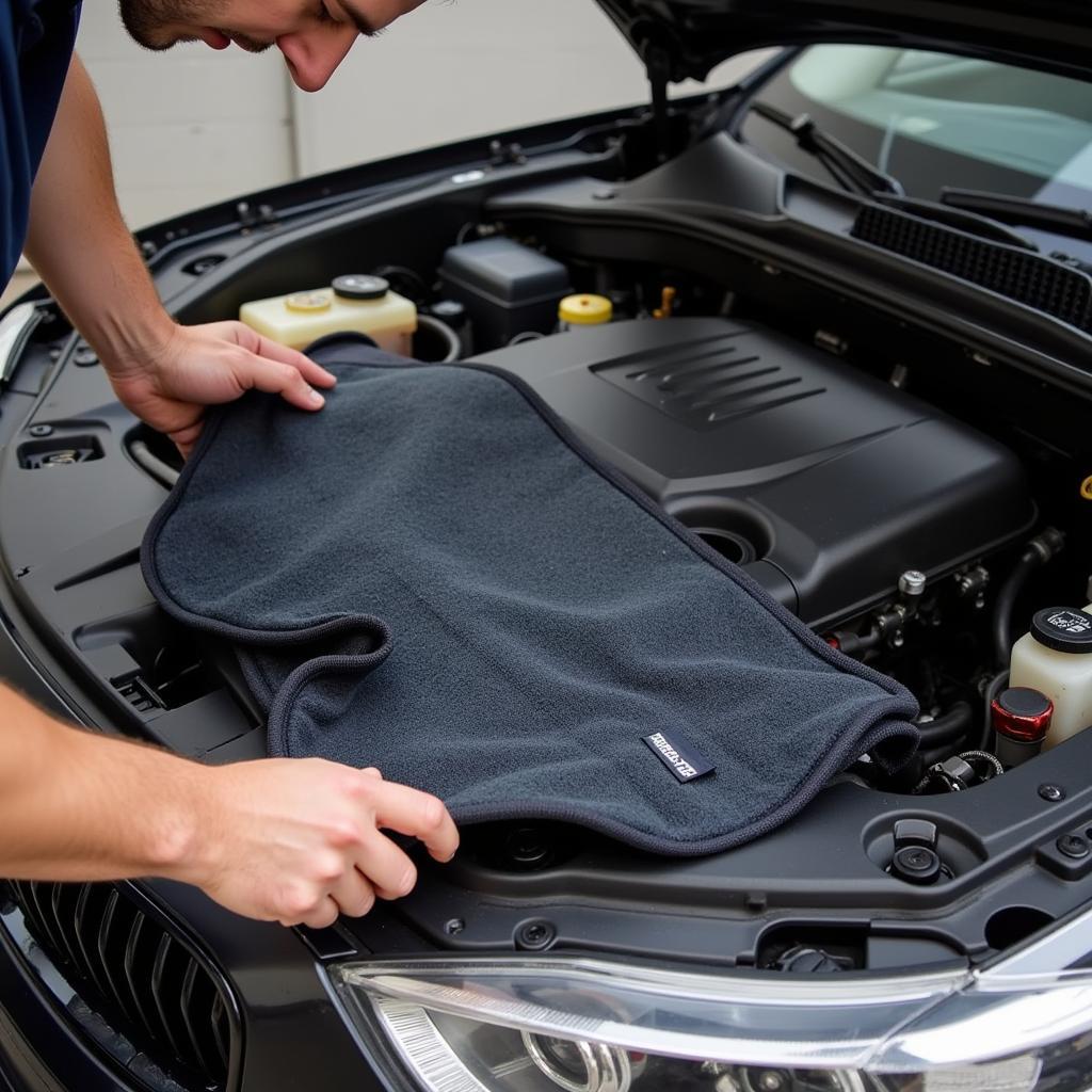 Mechanic Using a Car Blanket During Engine Repair