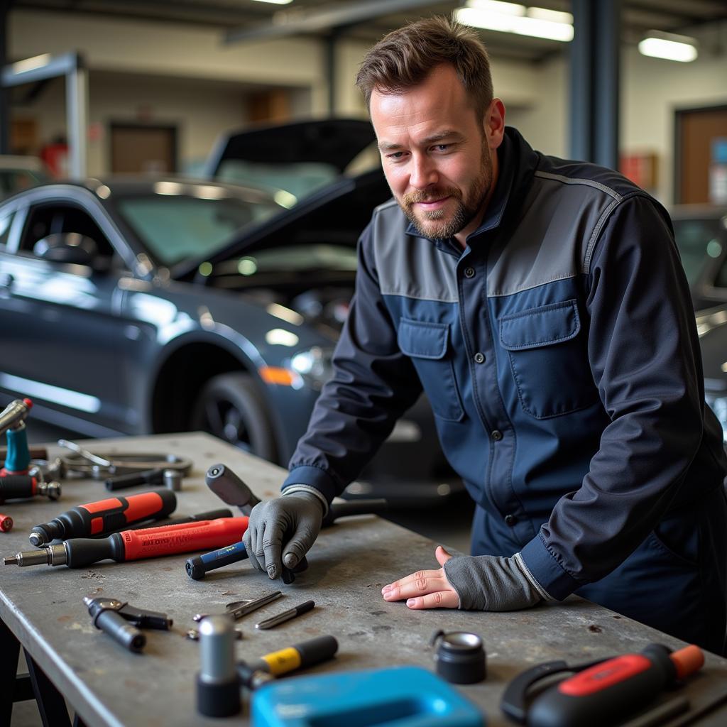 Mechanic Using Car Body Repair Tools