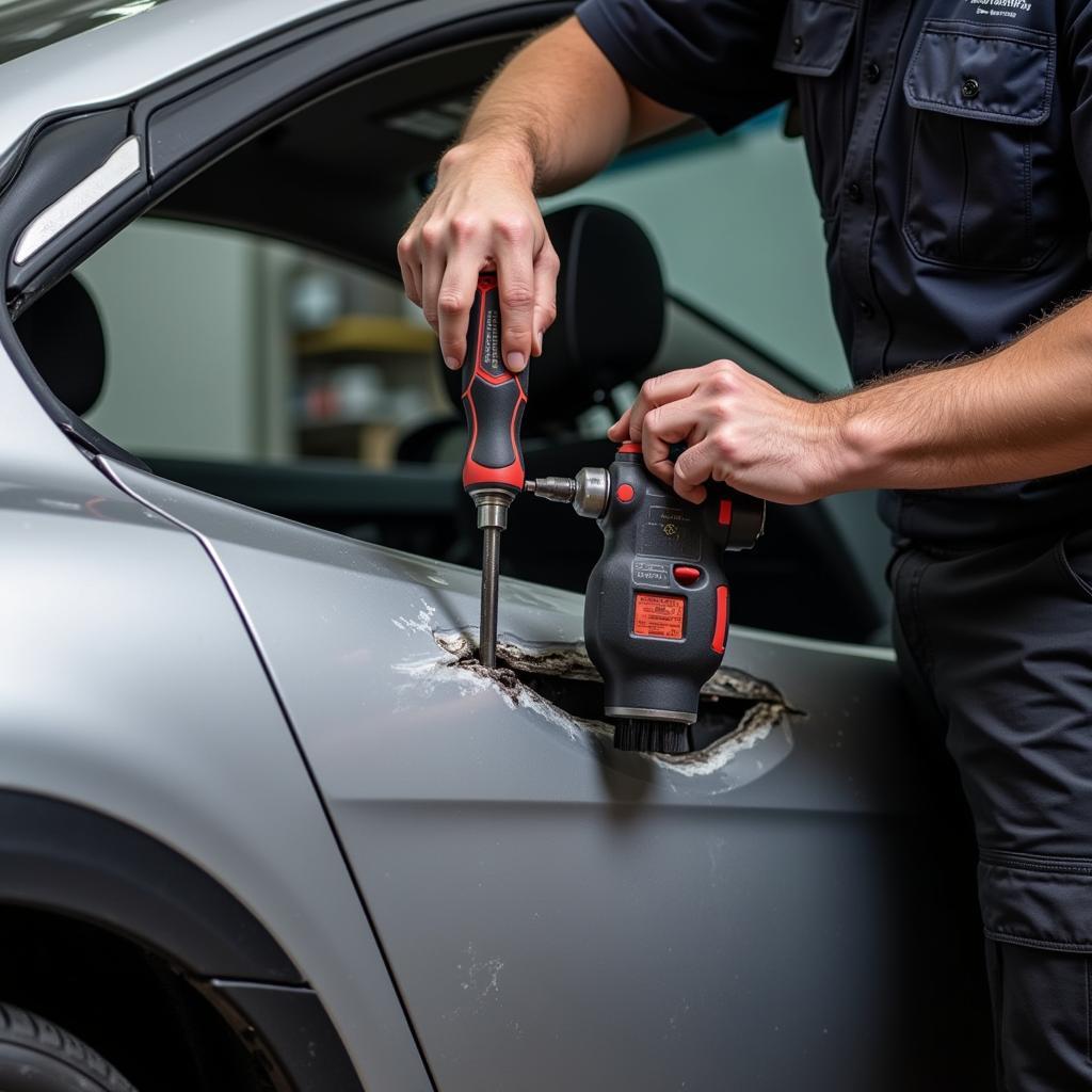 Mechanic Using Car Body Repair Tools