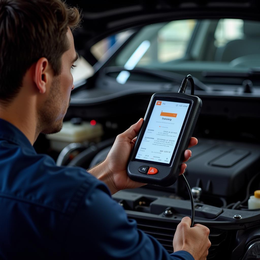 Mechanic Using a Car Code Reader Scan Tool