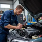 Mechanic using car diagnostic tool in a workshop