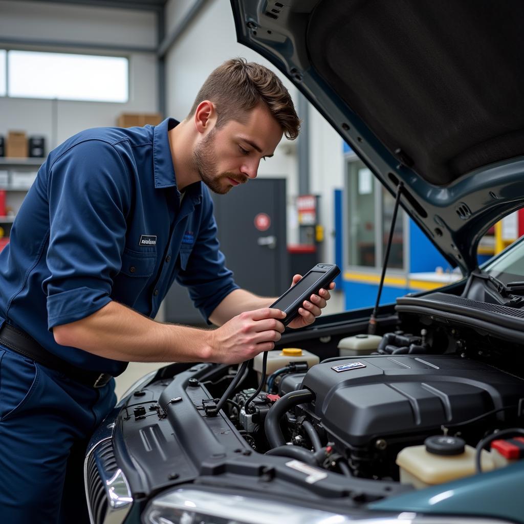 Mechanic using car diagnostic tool in a workshop