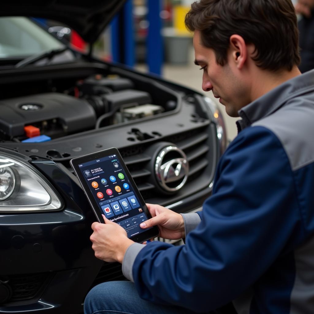 Mechanic Using Car Diagnostic Tool iOS