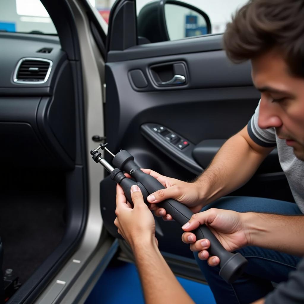 Mechanic Using Car Door Tools for Repair