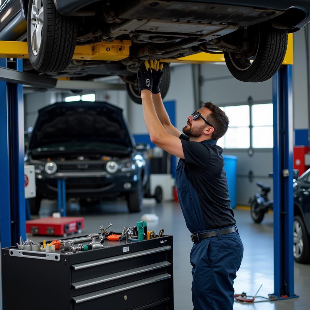 Mechanic Utilizing a Car Lift for Repairs