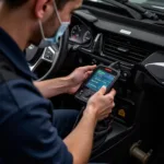 Mechanic Using a Car Scan Tool on a Vehicle