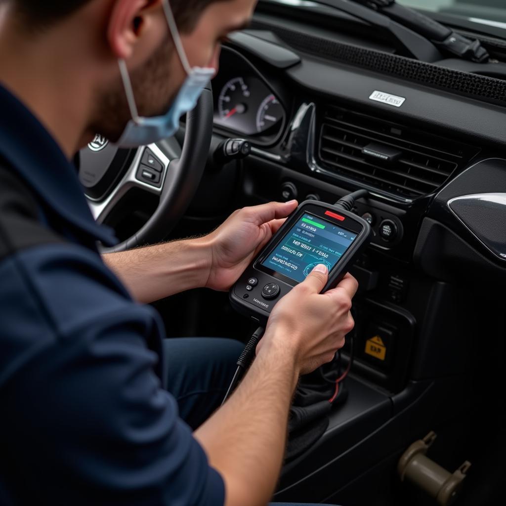 Mechanic Using a Car Scan Tool on a Vehicle