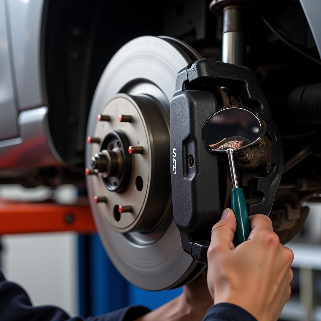 Mechanic Using Car Tool Mirror for Brake Inspection