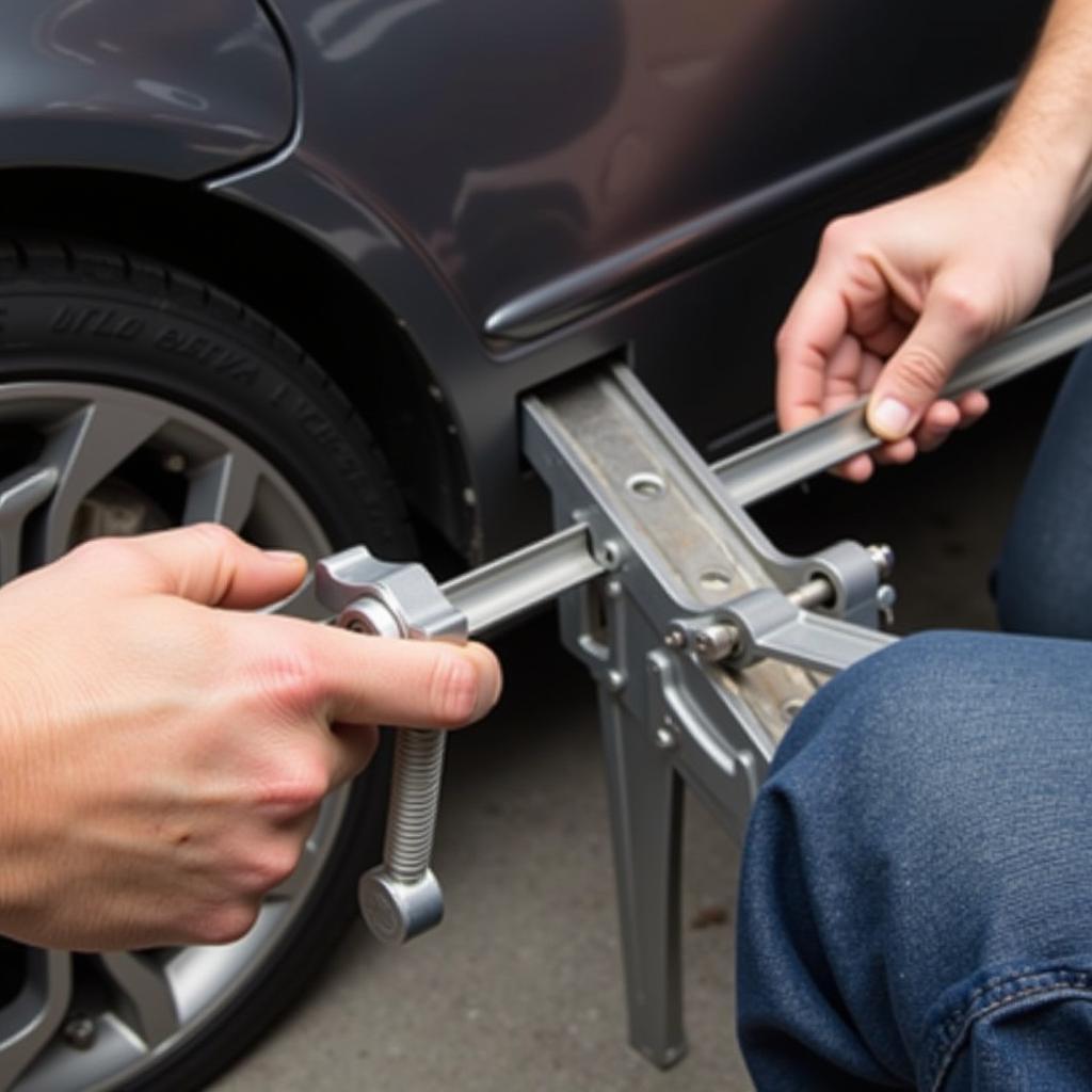 Mechanic Using Clamp Tool on Car