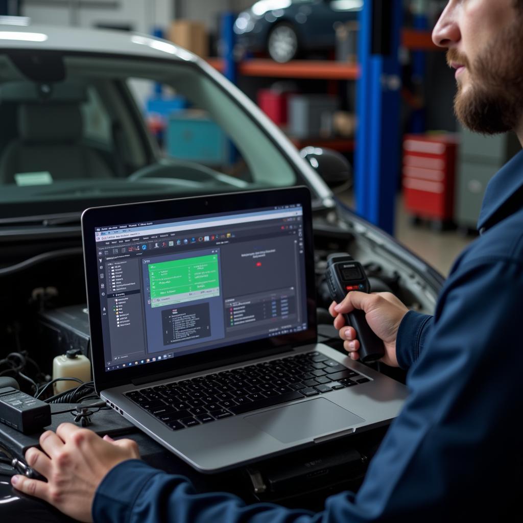 Mechanic Using a CMS Tool with a Diagnostic Scanner