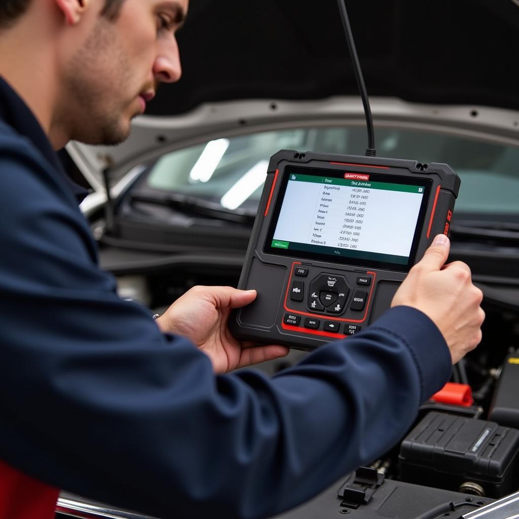 Mechanic using a Craftsman scan tool to diagnose a car problem.