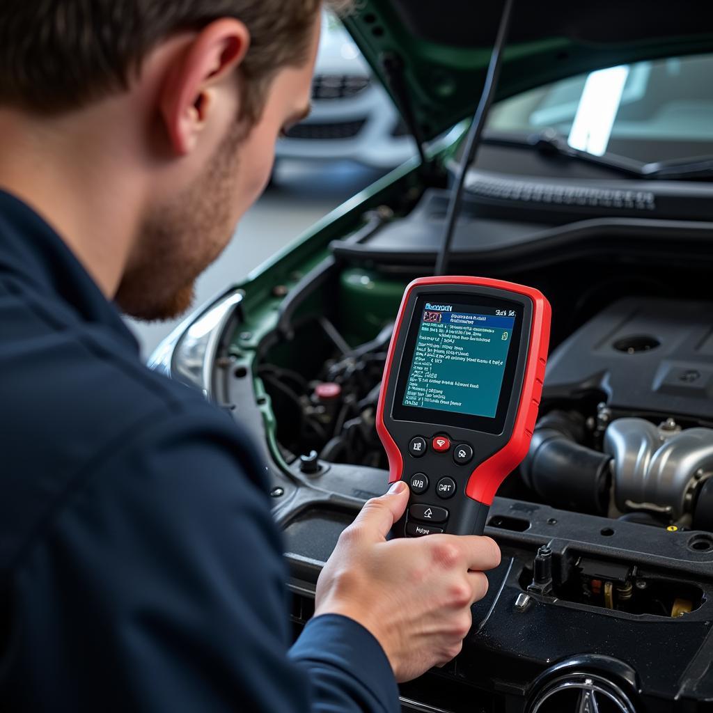 Mechanic using a diagnostic scan tool on a car engine