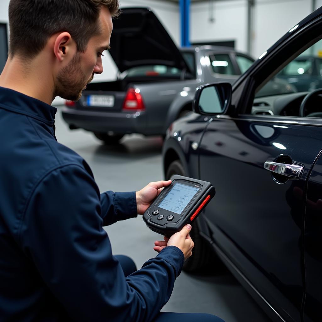 Mechanic Utilizing a Diagnostic Scanner on a Modern Vehicle