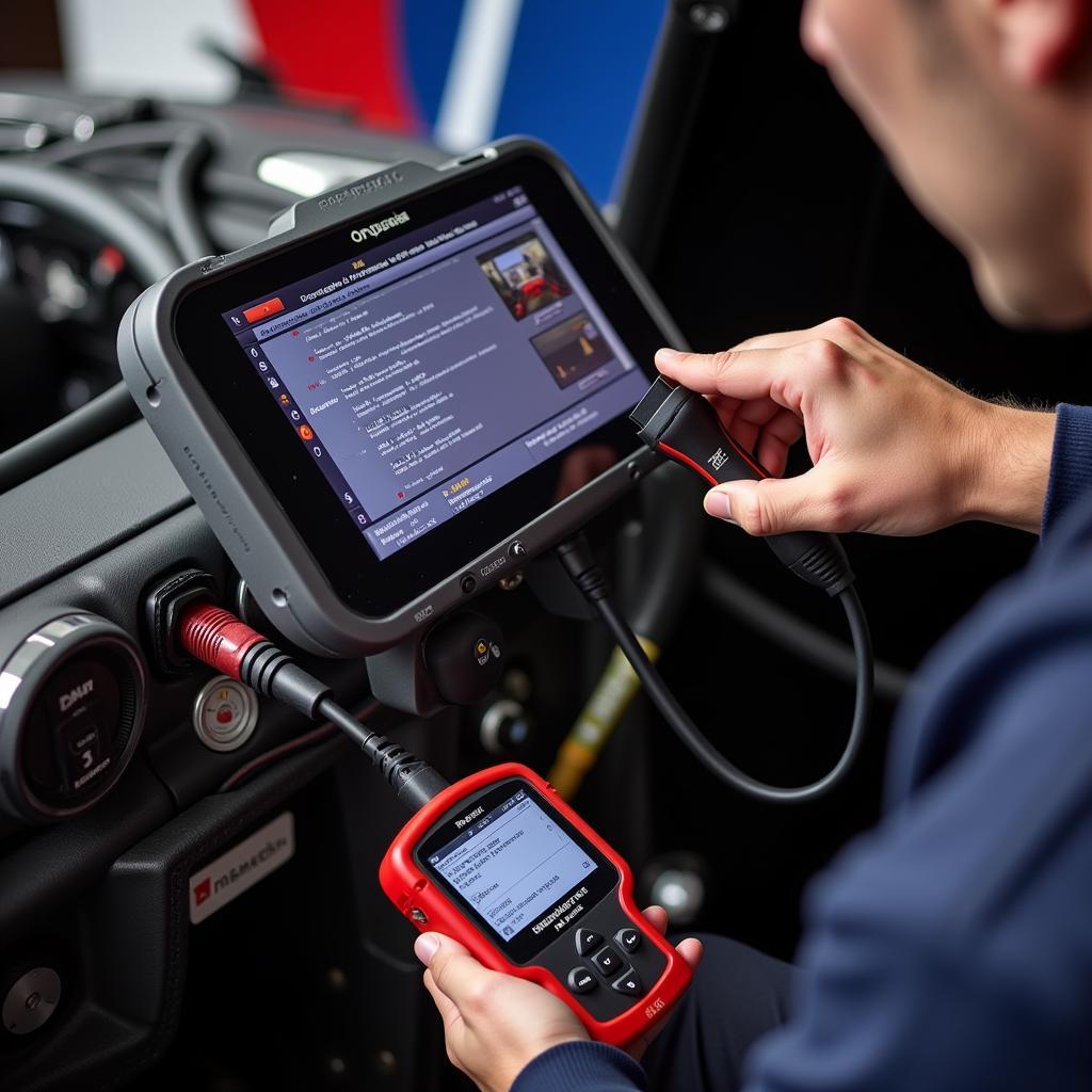 Mechanic using a diagnostic scanner to troubleshoot a race car.