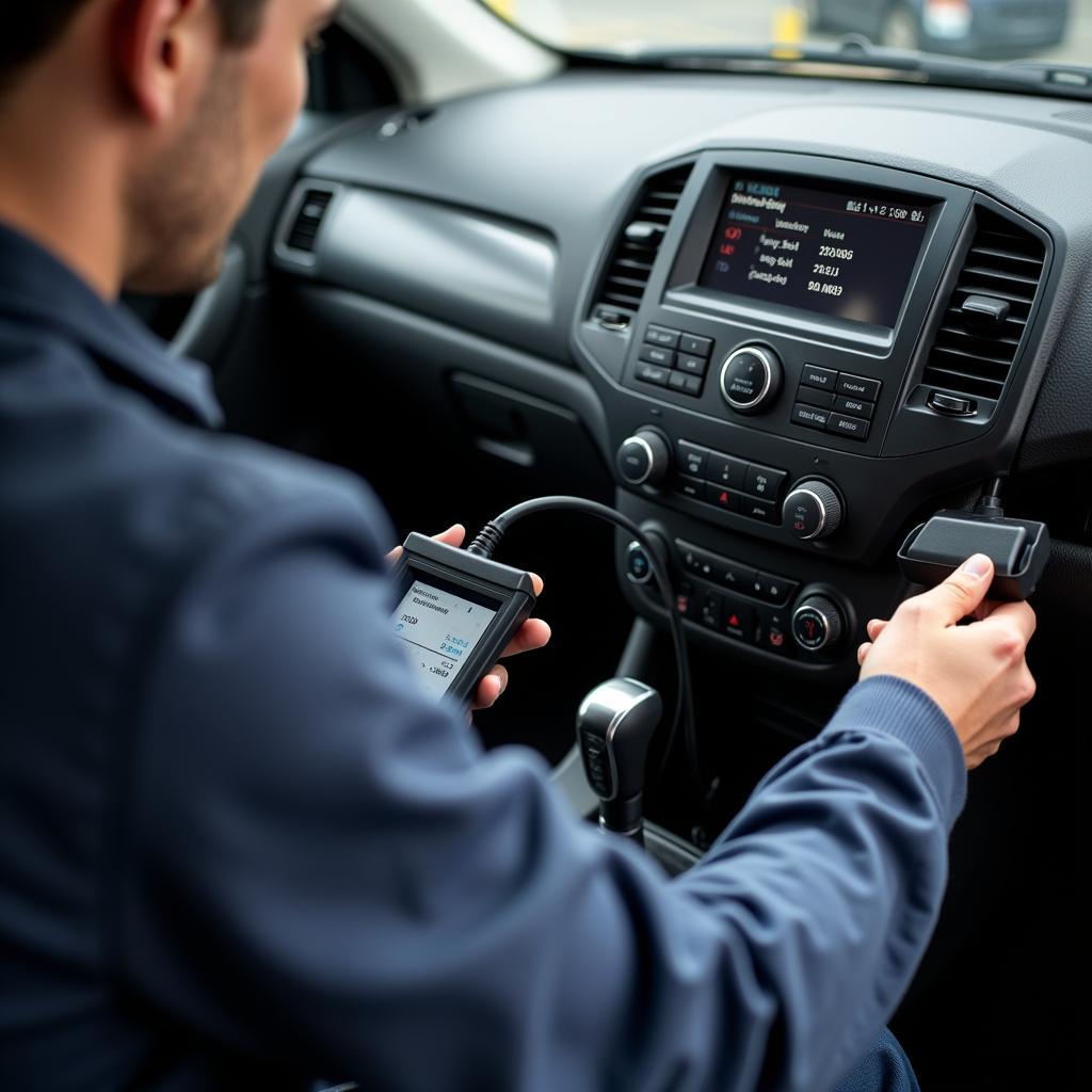 Mechanic using a diagnostic scanner on a car