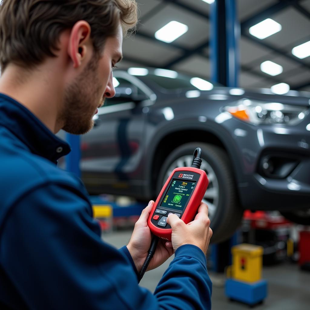 Mechanic using a diagnostic scanner to check the engine light