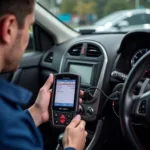 Mechanic using a diagnostic scanner on a car during a pre-sale inspection for northern tool car sales