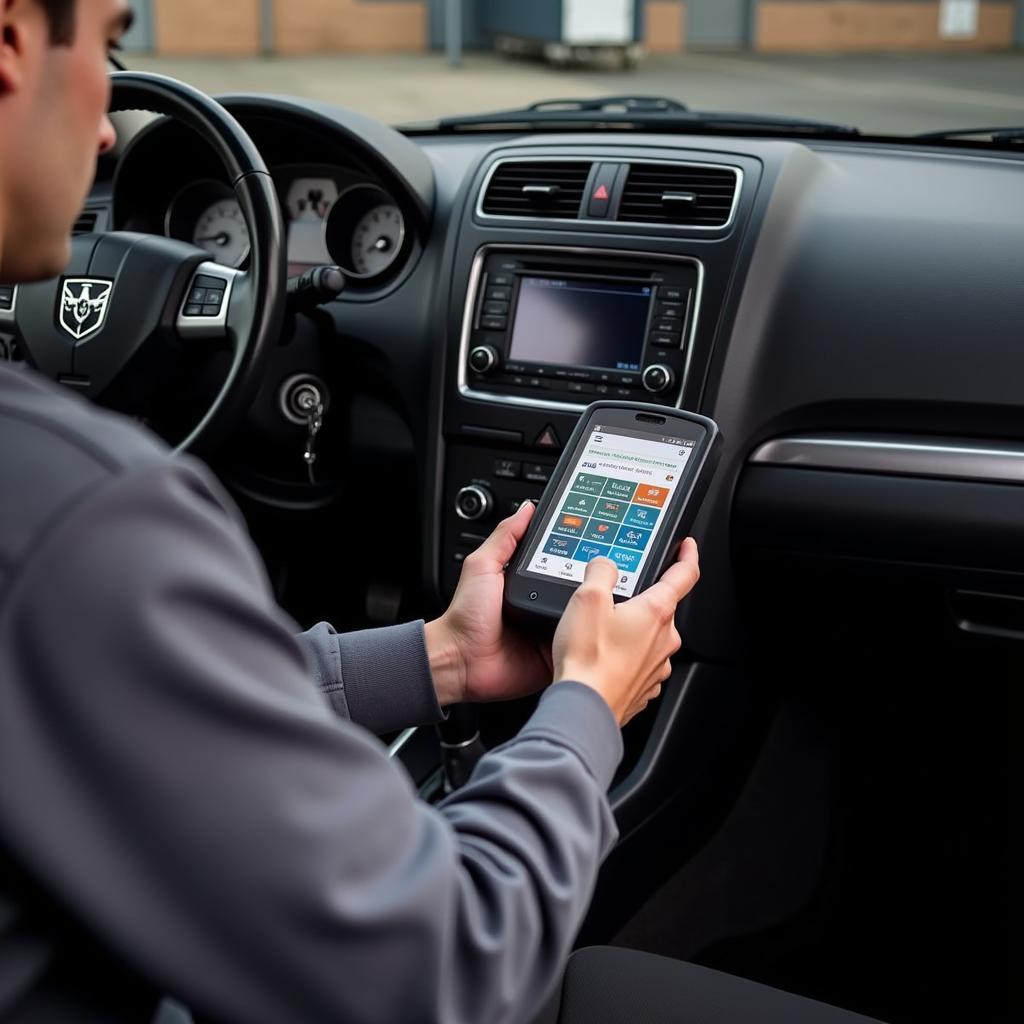 Mechanic Using Diagnostic Scanner on Dodge Avenger 2008