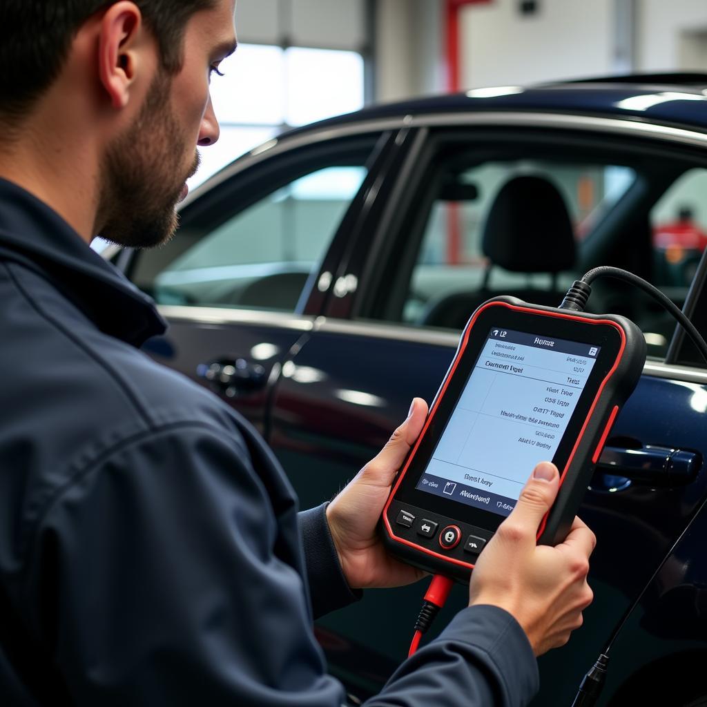 Mechanic Using Diagnostic Scanner on German Car