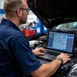 Mechanic Using Diagnostic Software on a Laptop