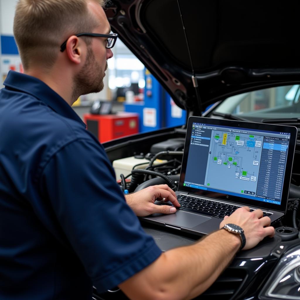 Mechanic Using Diagnostic Software on a Laptop