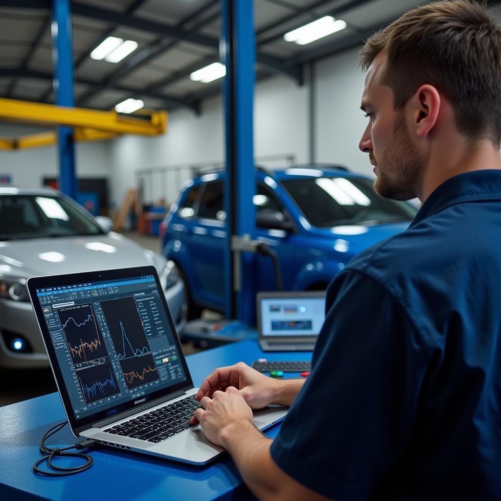 Mechanic Using Diagnostic Software on Laptop in Auto Repair Shop