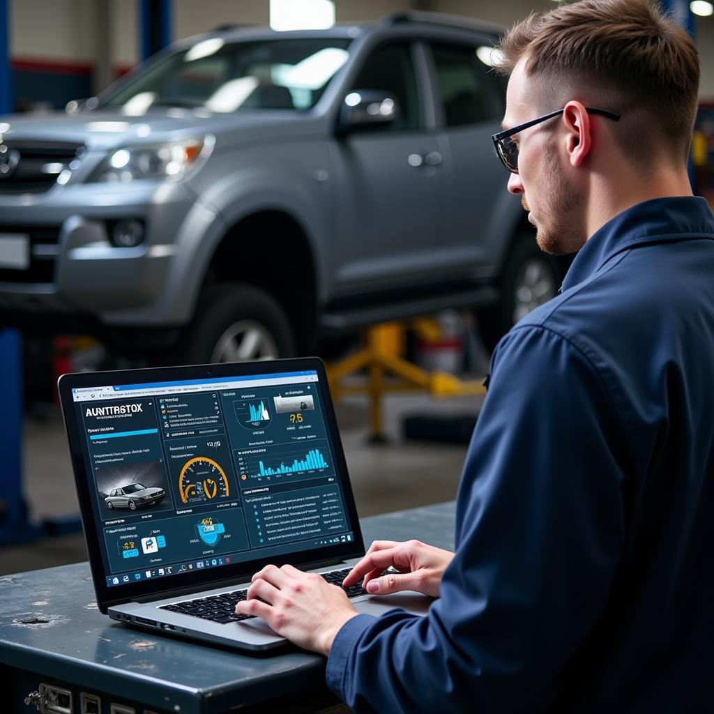 Mechanic using diagnostic software on a laptop to diagnose car problems