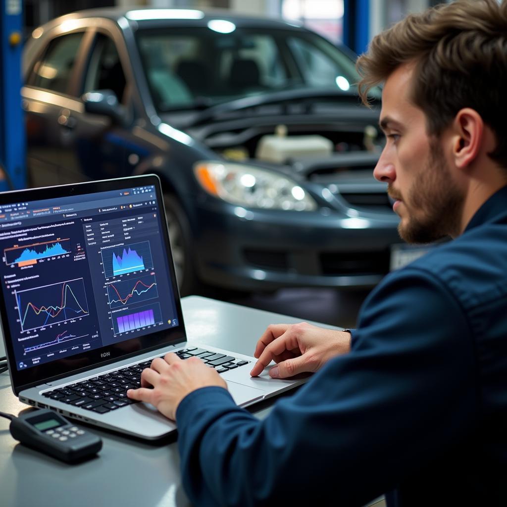 A mechanic using diagnostic software on a laptop to analyze car data.