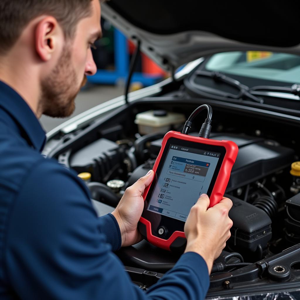 Mechanic using a diagnostic tool on a car engine