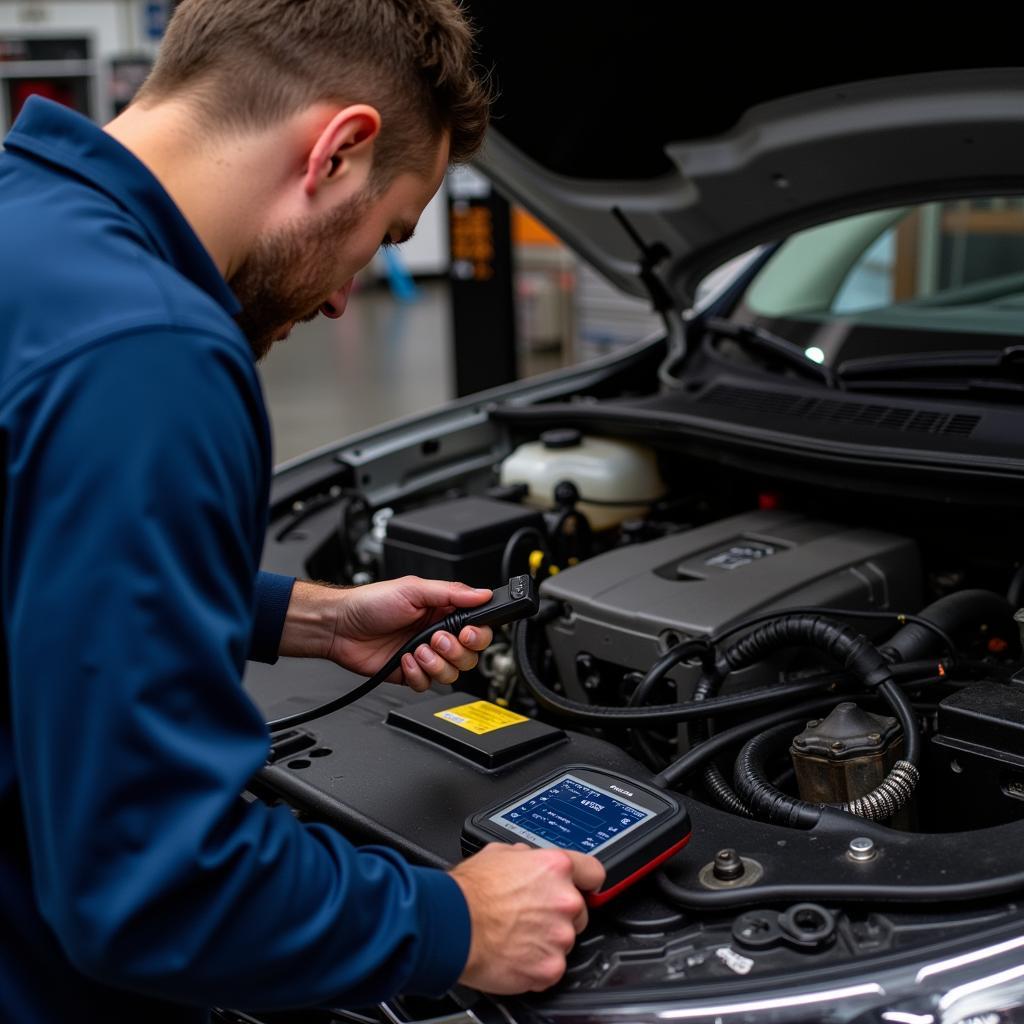 Mechanic Using Diagnostic Tool: A mechanic uses a diagnostic tool to troubleshoot a car problem, highlighting the importance of having the right tools for efficient repairs.