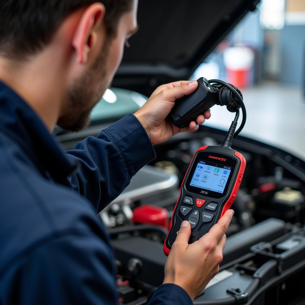 Mechanic Using a Diagnostic Tool in a Garage