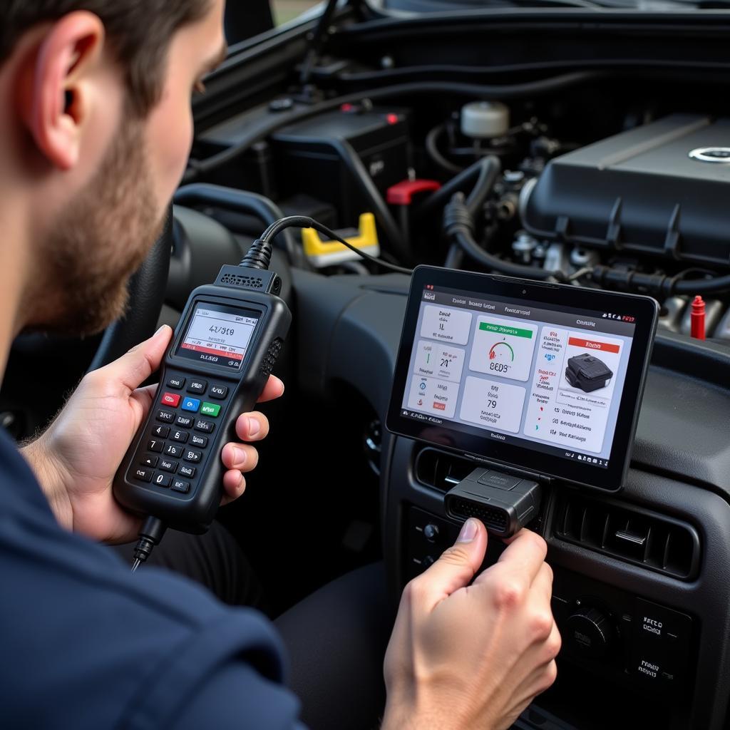 Mechanic Using a Diagnostic Tool on a Car