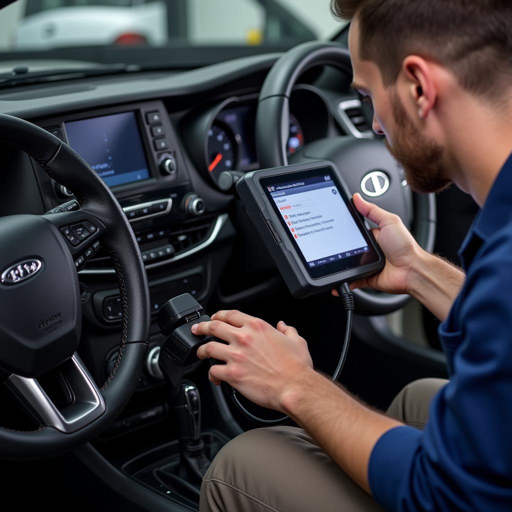 Mechanic using a diagnostic tool on a vehicle