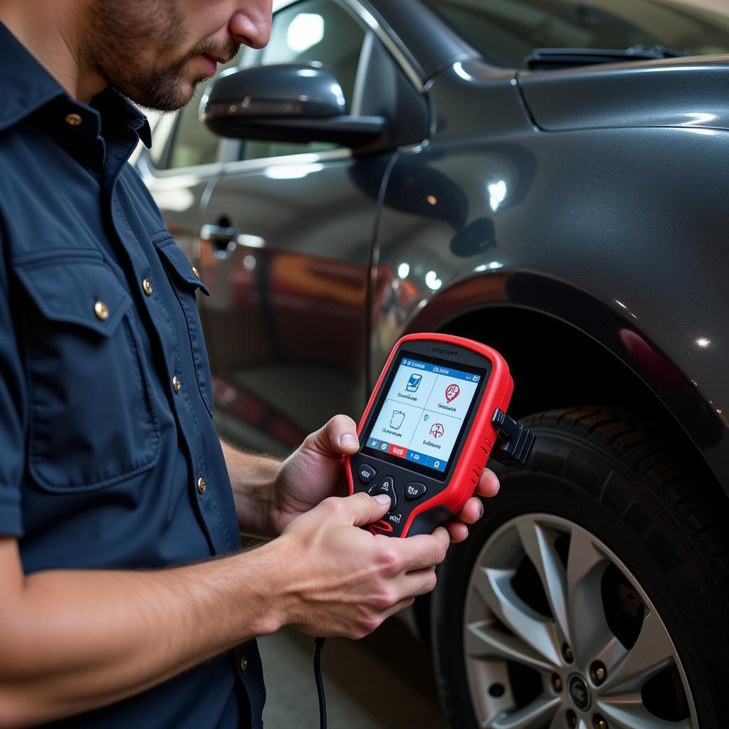 Mechanic Using a Diagnostic Tool on a Car