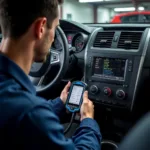 Mechanic using a professional-grade diagnostic tool on a car