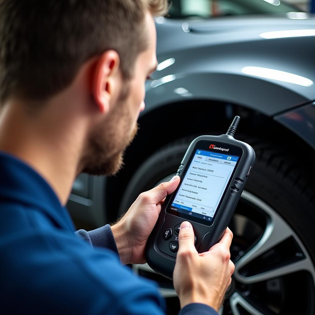 Mechanic using a diagnostic tool in a Dublin garage