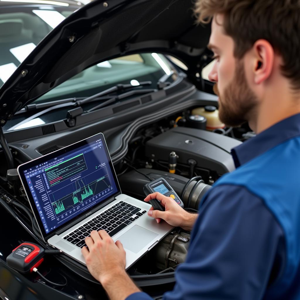 Mechanic Using Diagnostic Tool with Macbook