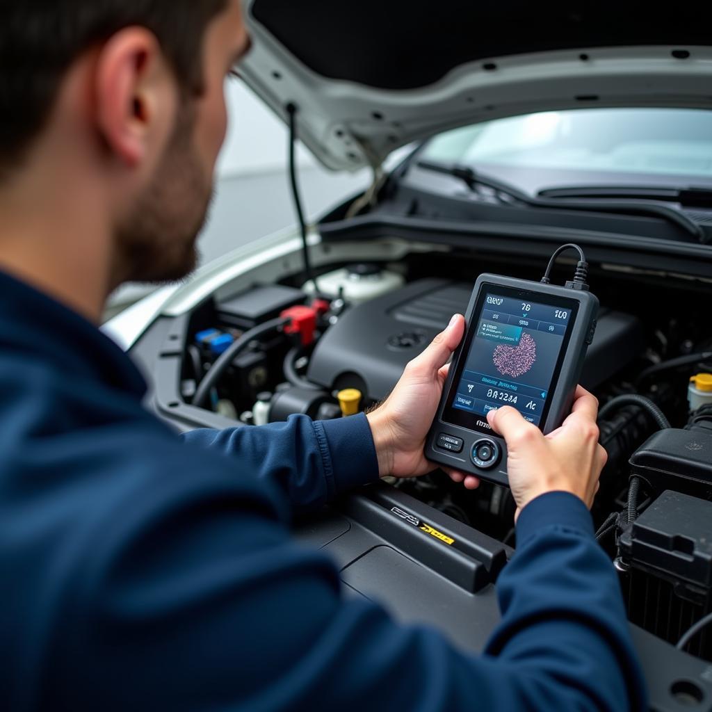 Mechanic Using Diagnostic Tool on a Car to Improve Customer Service