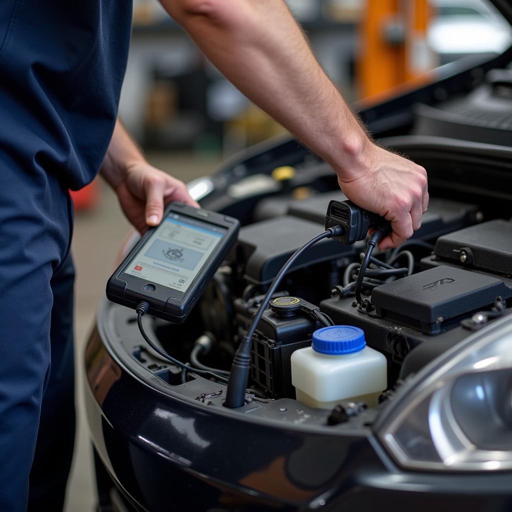 Mechanic Using a Diagnostic Tool on a Car