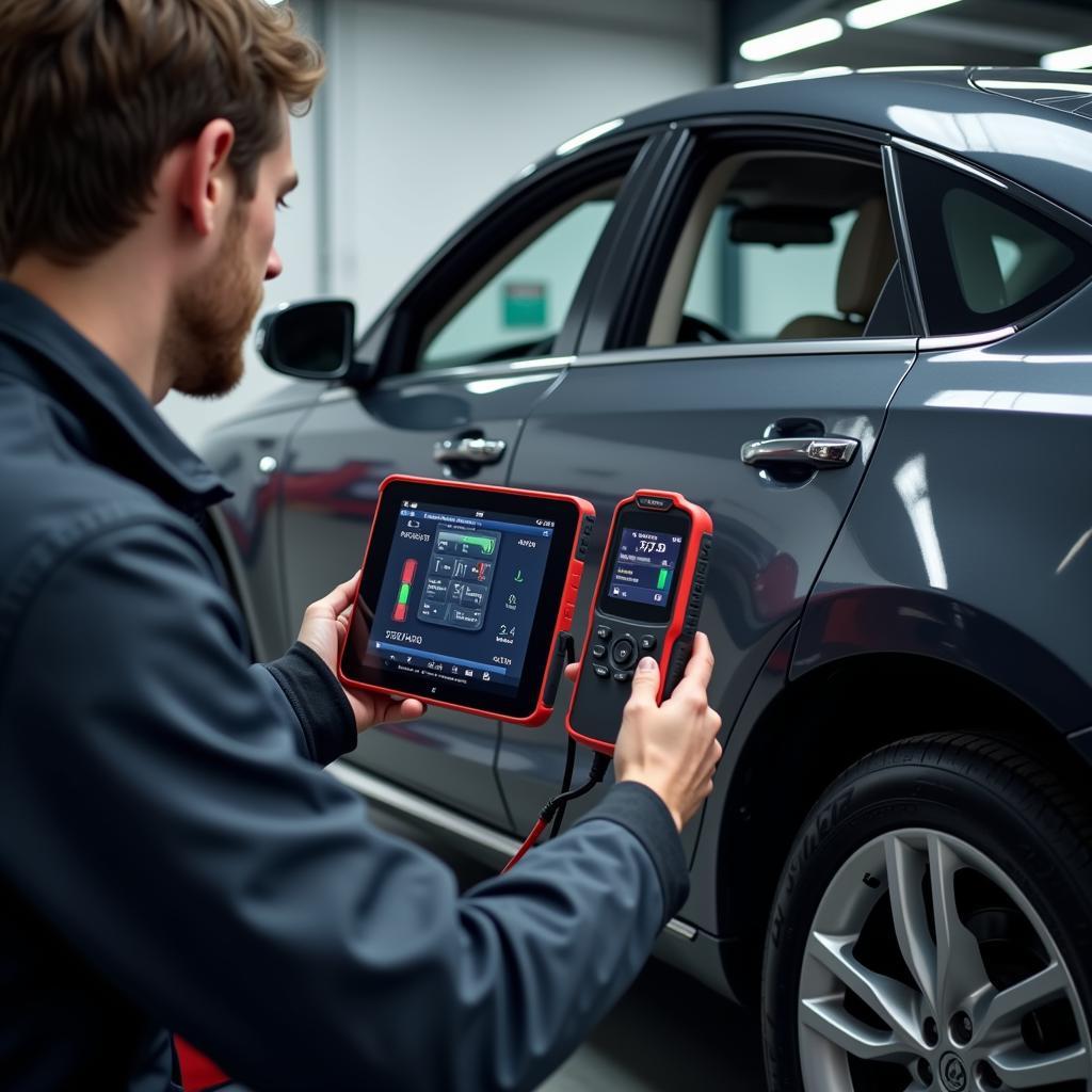 Mechanic Using a Diagnostic Tool on a Car