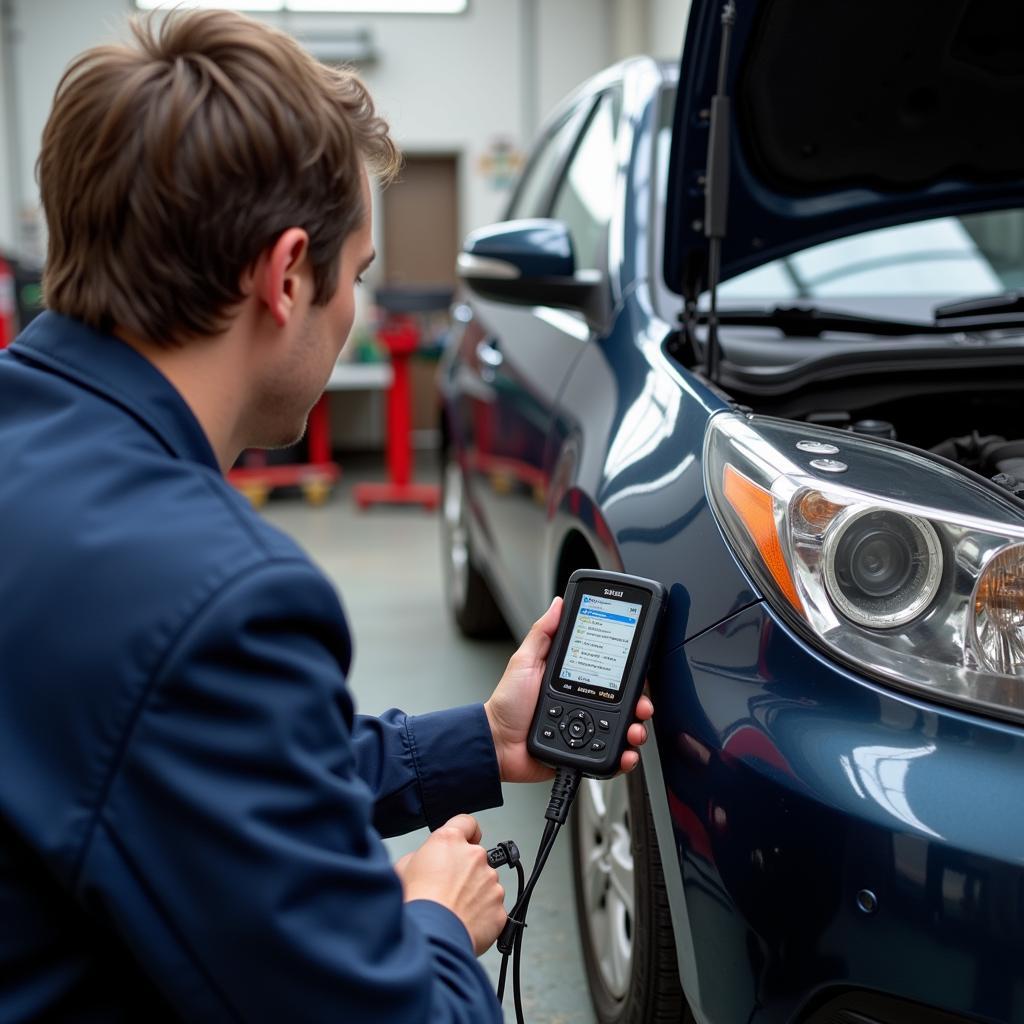 Mechanic Using a Diagnostic Tool on a Car