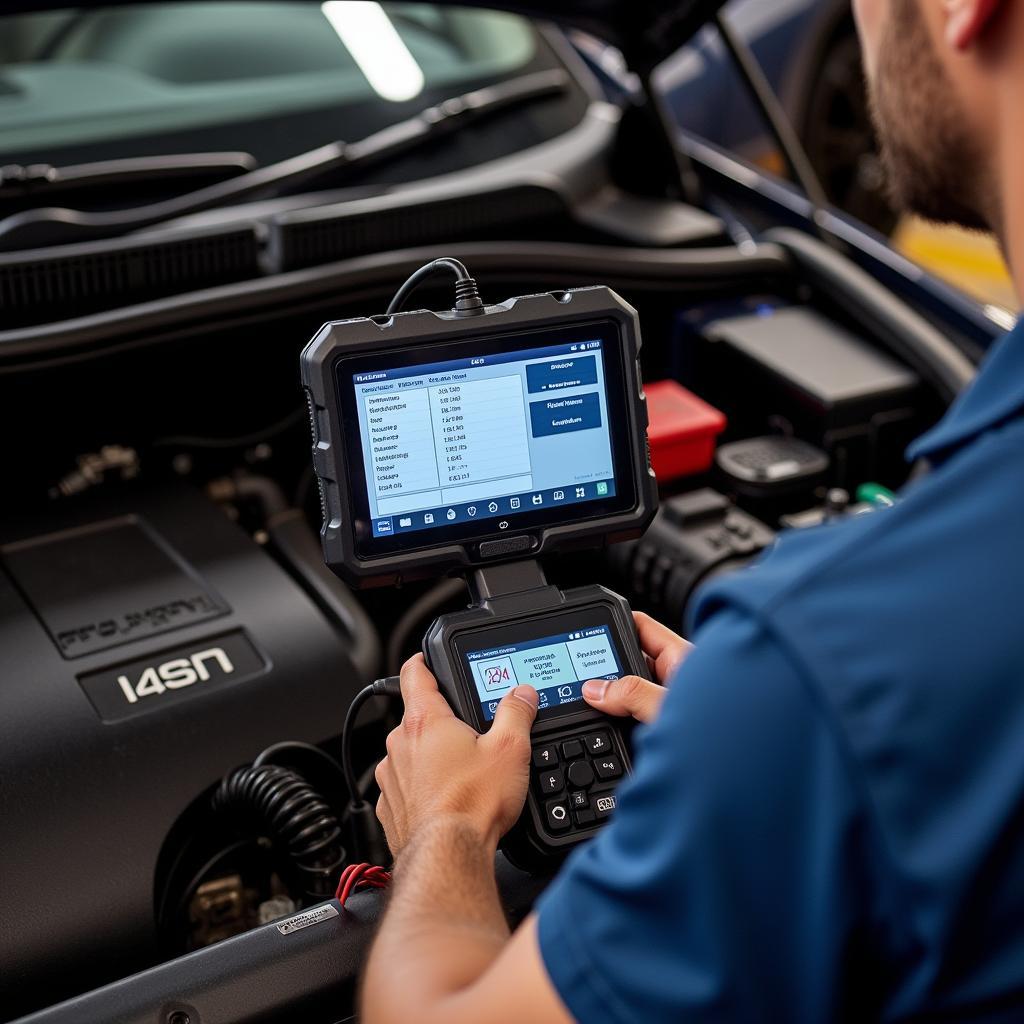 Mechanic Using Diagnostic Tool on Car